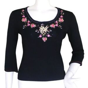 J.A.C. Top, L, Black, Floral Embroidery, Black, Scoop neck